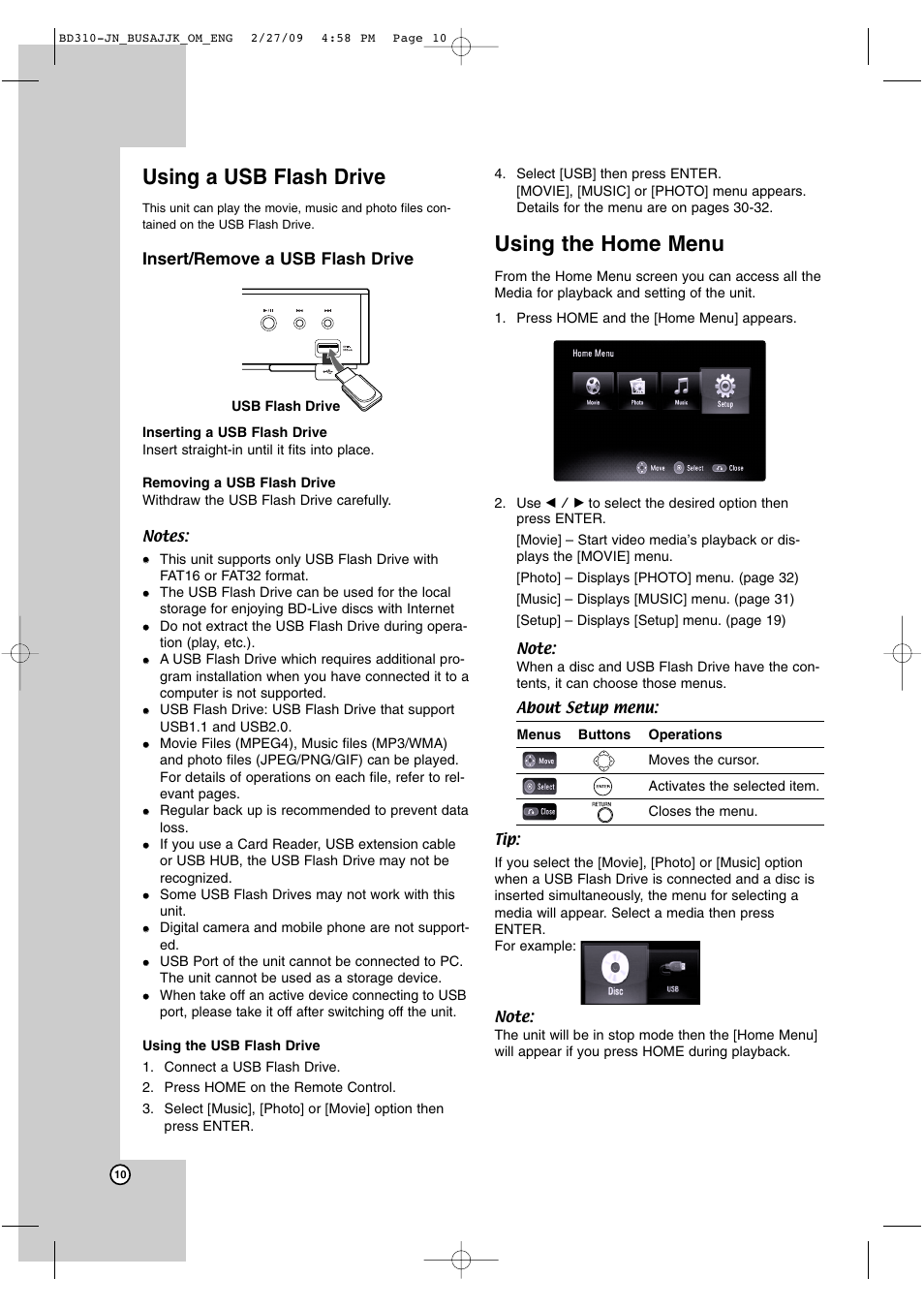 Using a usb flash drive, Using the home menu | JVC XV-BP1  EN User Manual | Page 10 / 40