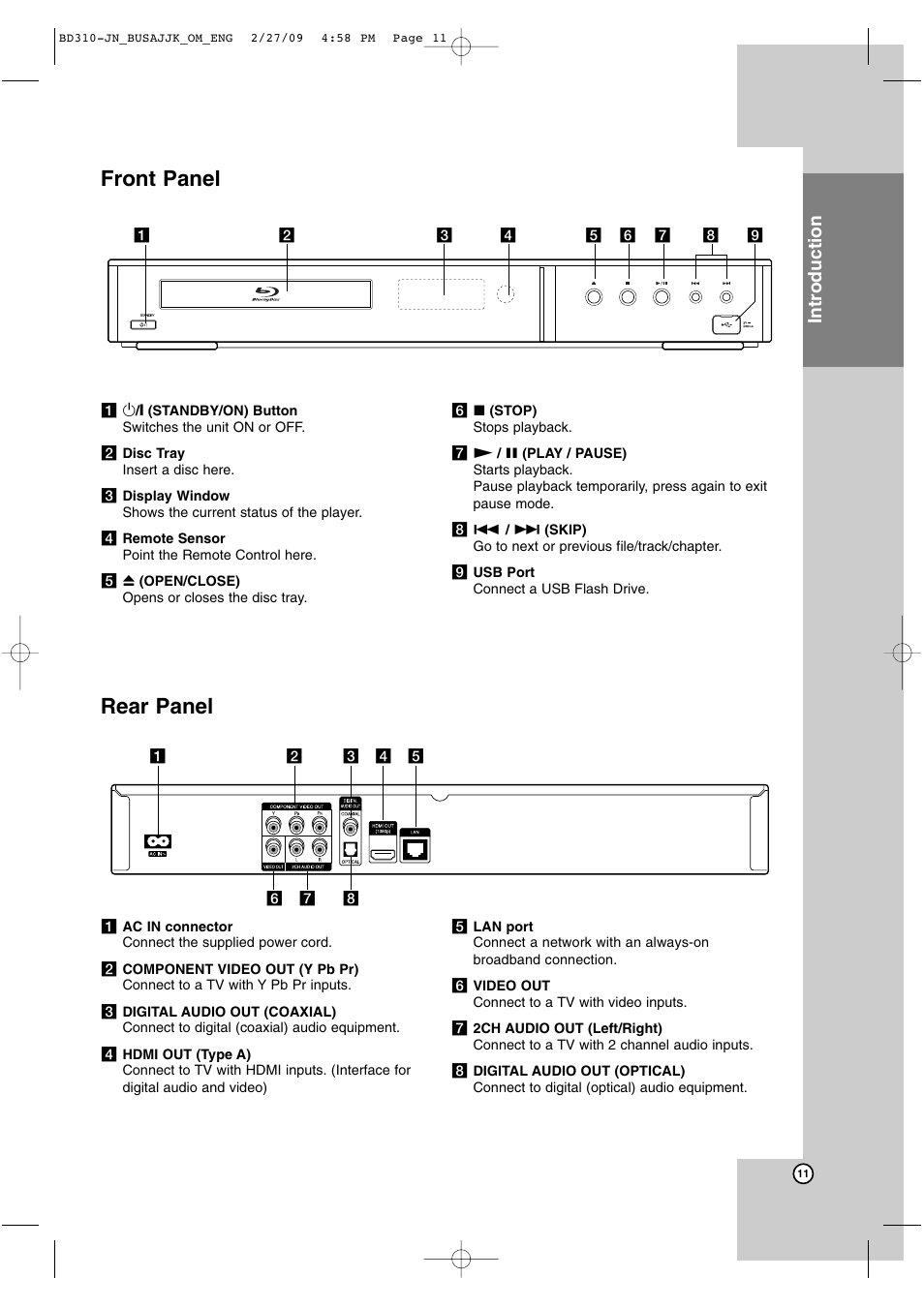 Front panel, Rear panel, Introduction | JVC XV-BP1  EN User Manual | Page 11 / 40