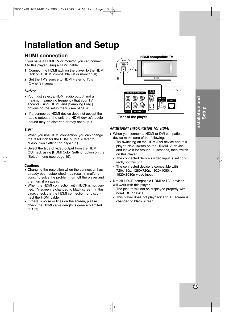 Hdmi connection, Installation and setup | JVC XV-BP1  EN User Manual | Page 13 / 40