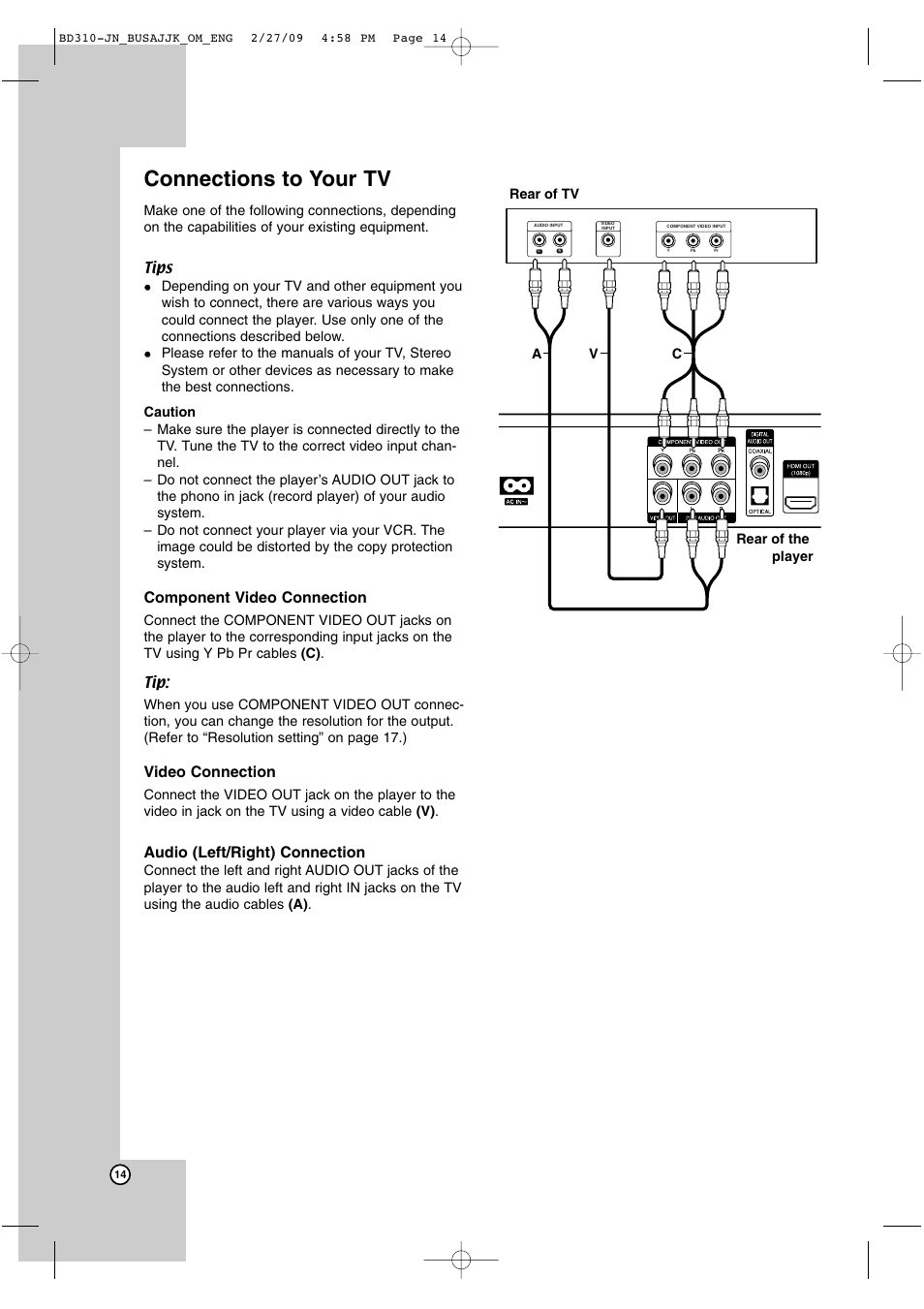 Connections to your tv, Component video connection, Video connection | Audio (left/right) connection | JVC XV-BP1  EN User Manual | Page 14 / 40