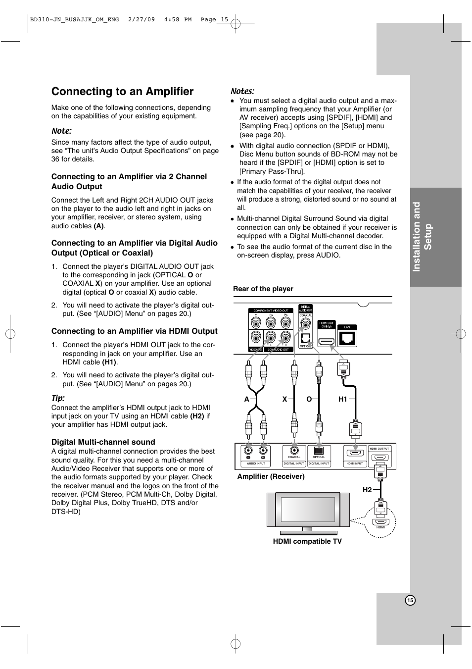 Connecting to an amplifier, Installation and setup, Connecting to an amplifier via hdmi output | Digital multi-channel sound | JVC XV-BP1  EN User Manual | Page 15 / 40