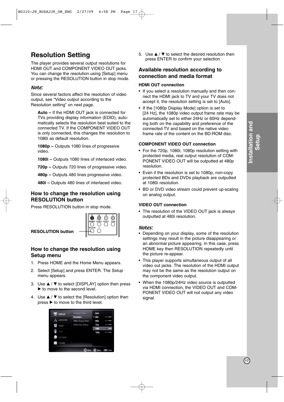 Resolution setting, Installation and setup | JVC XV-BP1  EN User Manual | Page 17 / 40