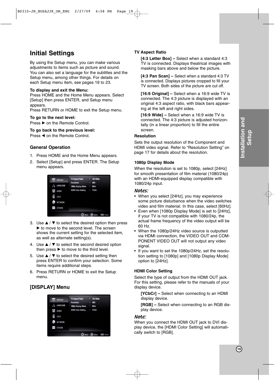 Initial settings, Installation and setup | JVC XV-BP1  EN User Manual | Page 19 / 40