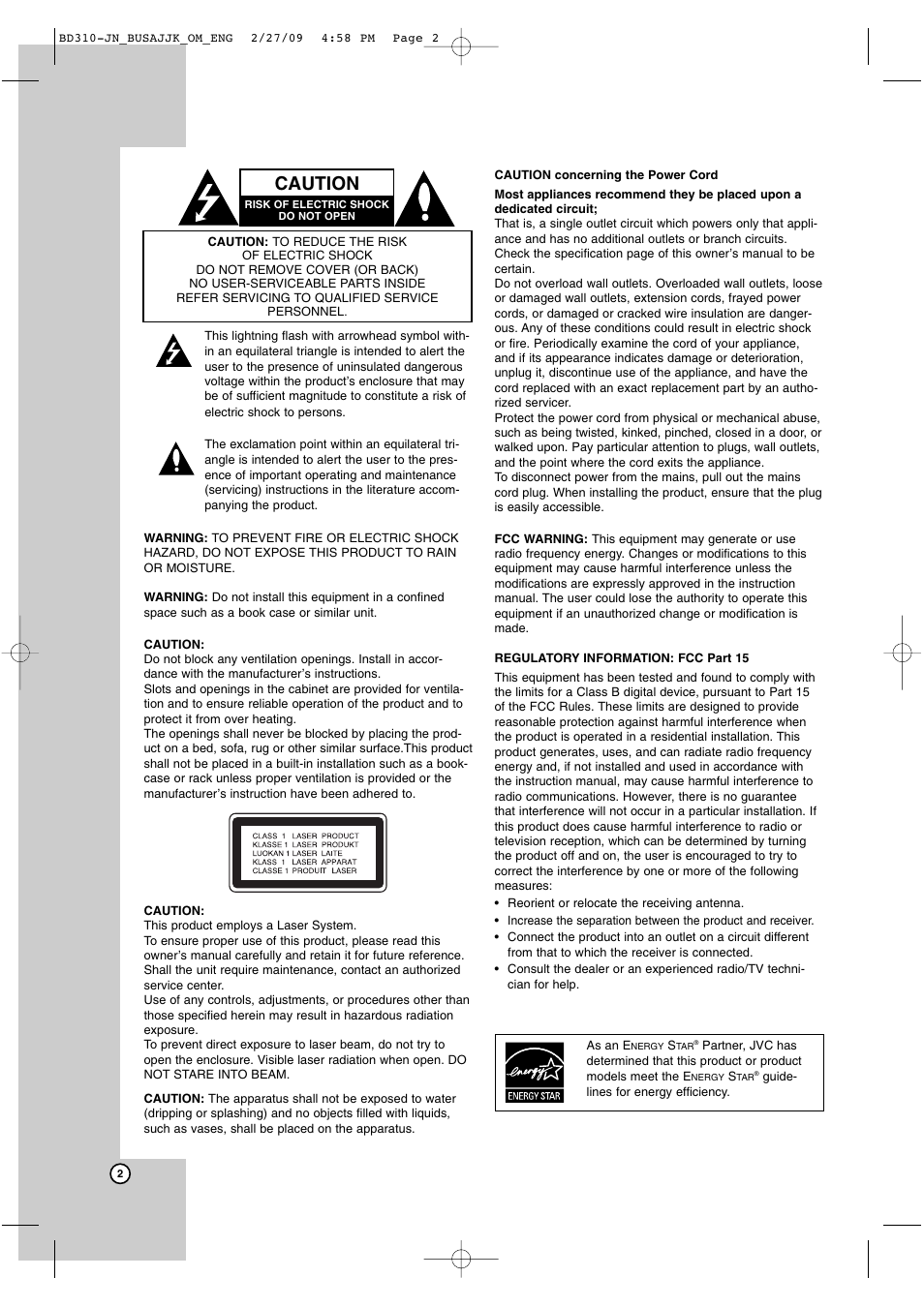 Caution | JVC XV-BP1  EN User Manual | Page 2 / 40