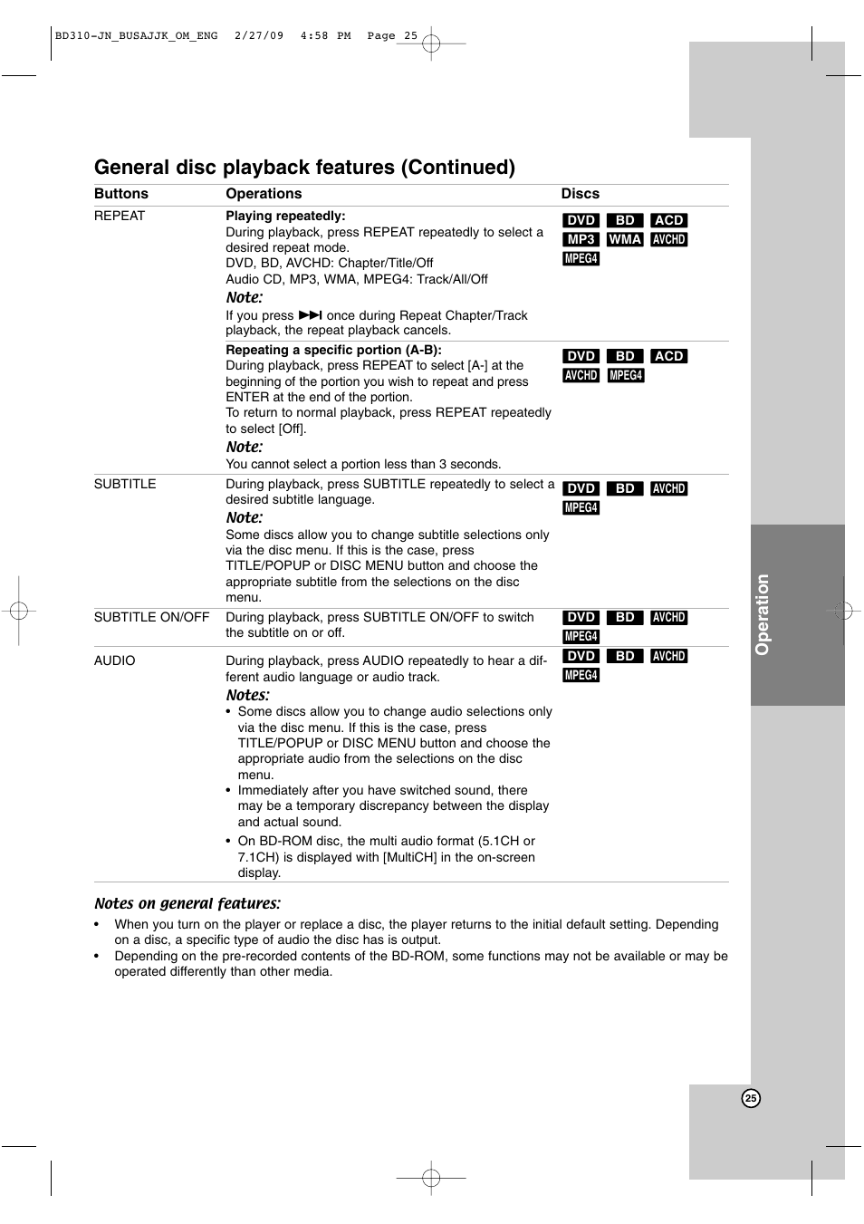 General disc playback features (continued), Operation | JVC XV-BP1  EN User Manual | Page 25 / 40