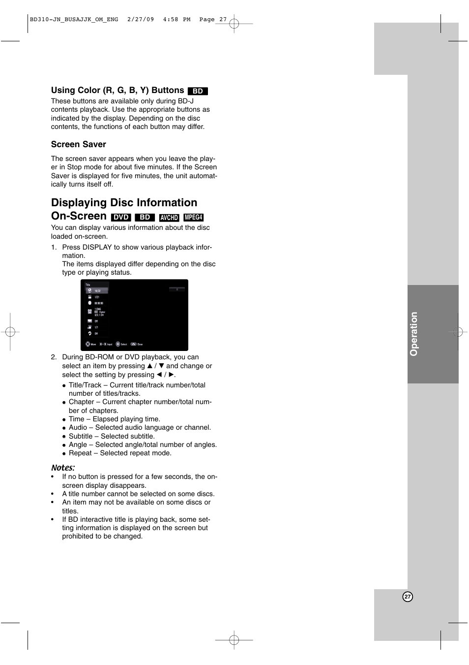 Displaying disc information on-screen, Operation | JVC XV-BP1  EN User Manual | Page 27 / 40