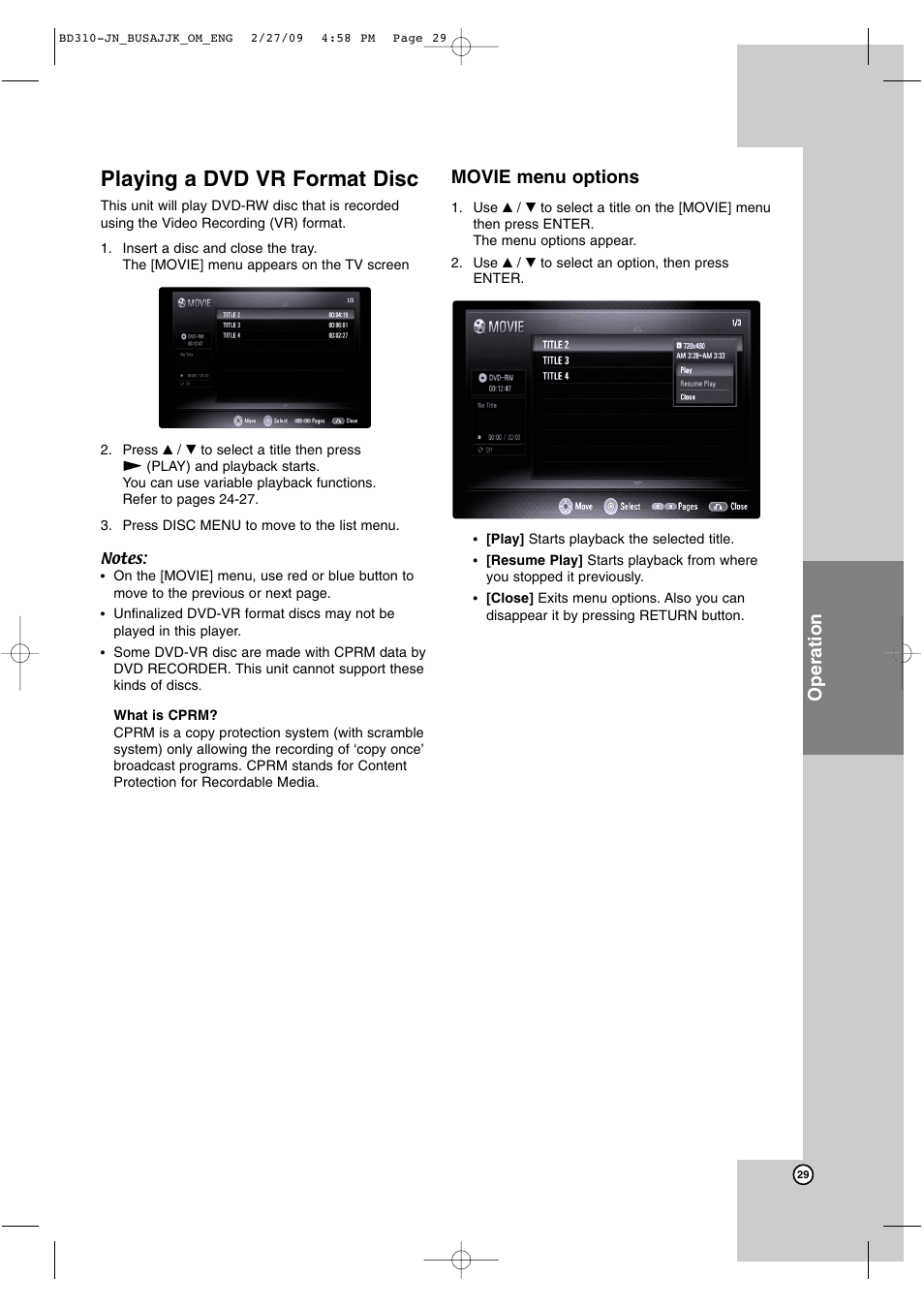 Playing a dvd vr format disc, Operation, Movie menu options | JVC XV-BP1  EN User Manual | Page 29 / 40