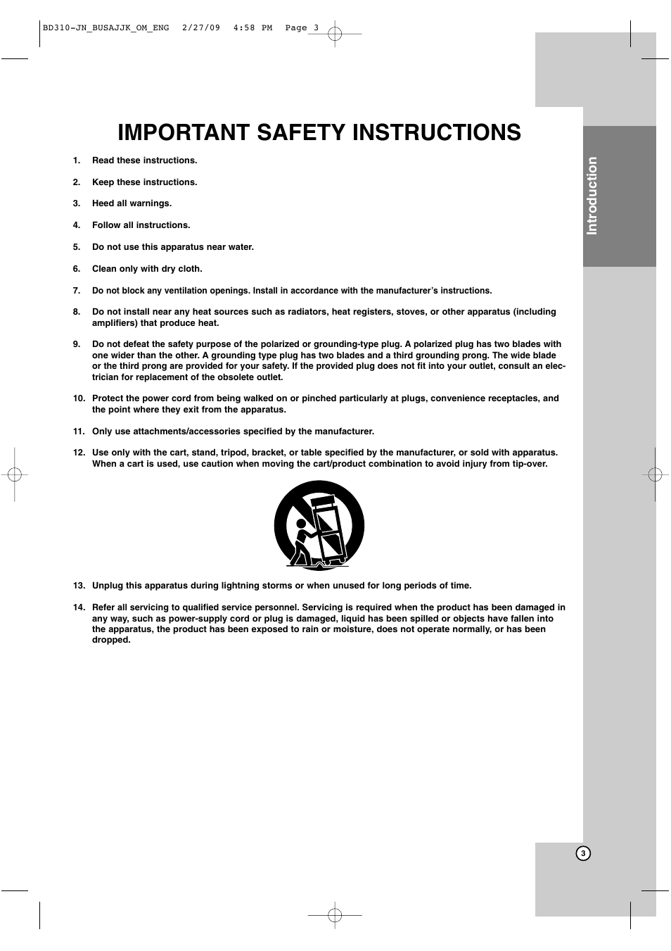 Important safety instructions, Introduction | JVC XV-BP1  EN User Manual | Page 3 / 40