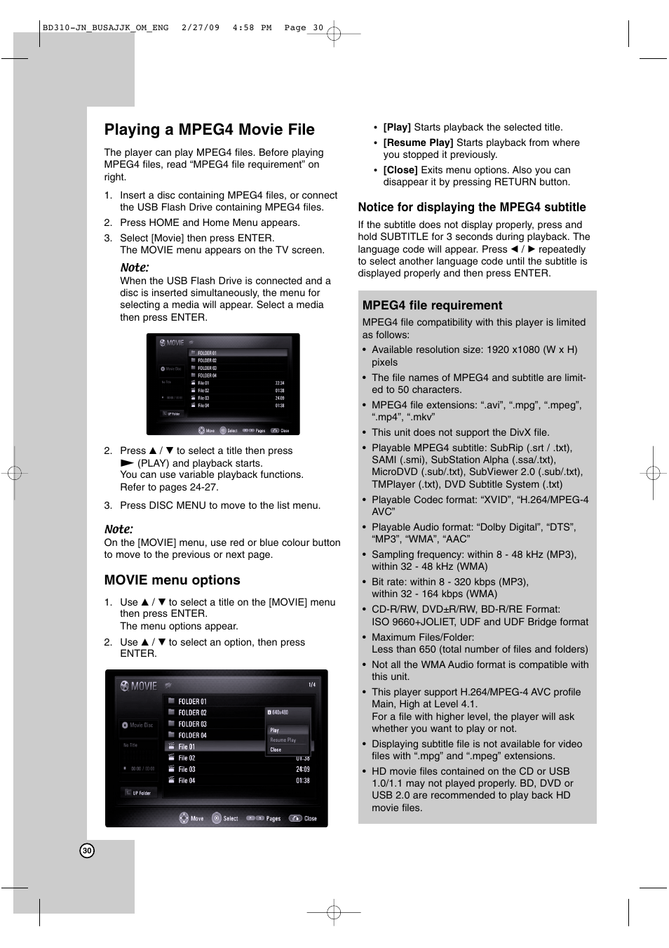 Playing a mpeg4 movie file, Movie menu options | JVC XV-BP1  EN User Manual | Page 30 / 40