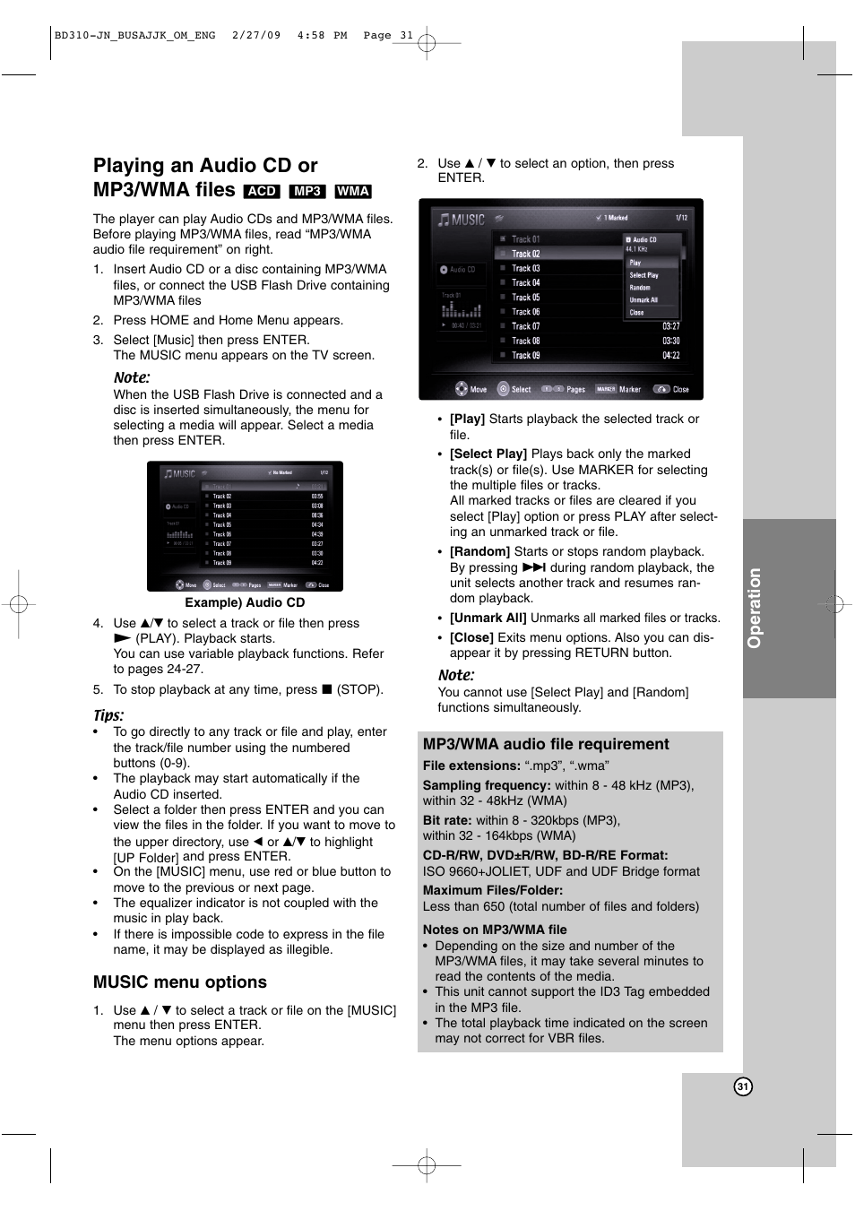 Playing an audio cd or mp3/wma files, Operation, Music menu options | JVC XV-BP1  EN User Manual | Page 31 / 40