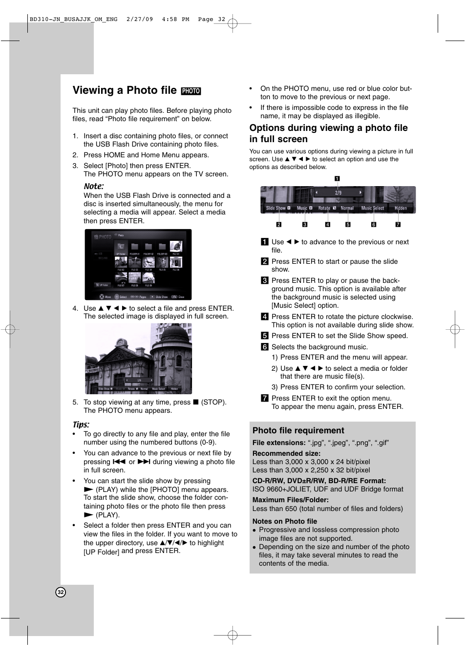 Viewing a photo file, Options during viewing a photo file in full screen | JVC XV-BP1  EN User Manual | Page 32 / 40