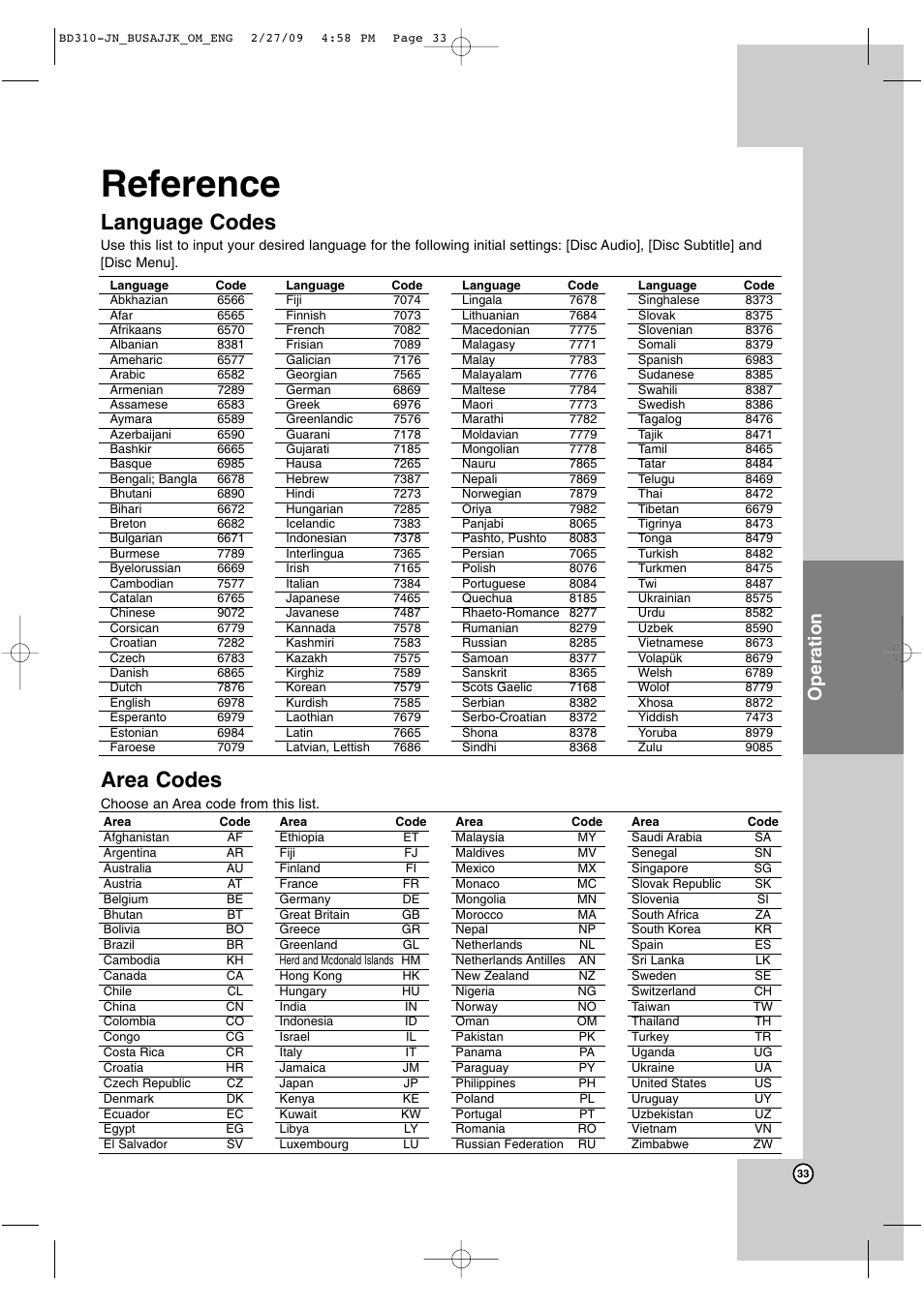 Reference, Area codes, Language codes | Operation | JVC XV-BP1  EN User Manual | Page 33 / 40