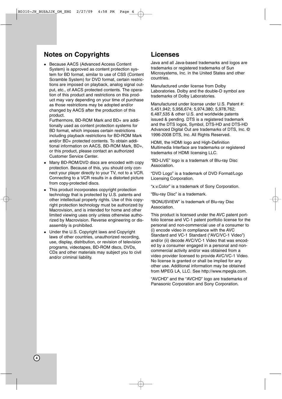 Licenses | JVC XV-BP1  EN User Manual | Page 4 / 40