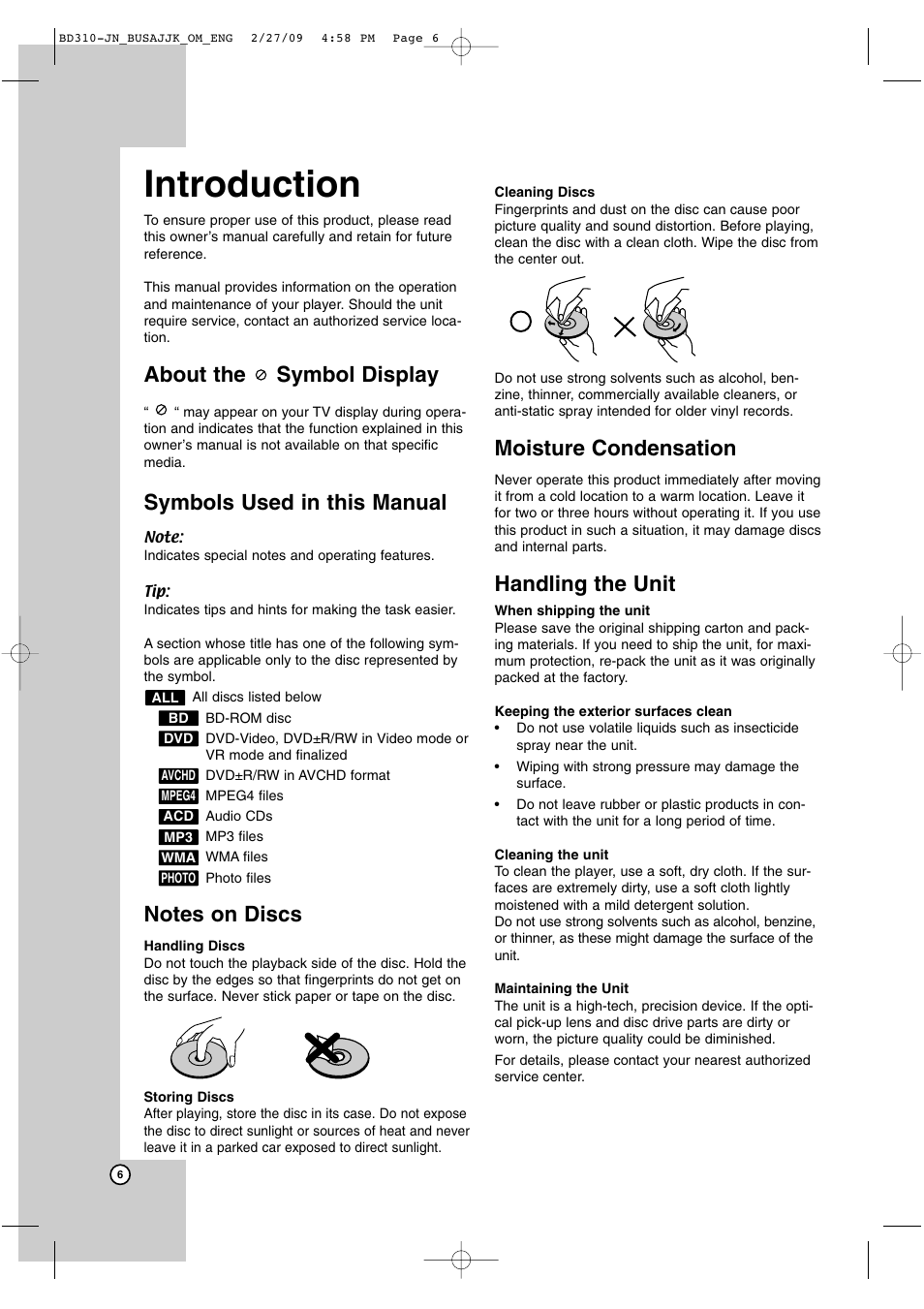 Introduction, About the symbol display, Symbols used in this manual | Moisture condensation, Handling the unit | JVC XV-BP1  EN User Manual | Page 6 / 40