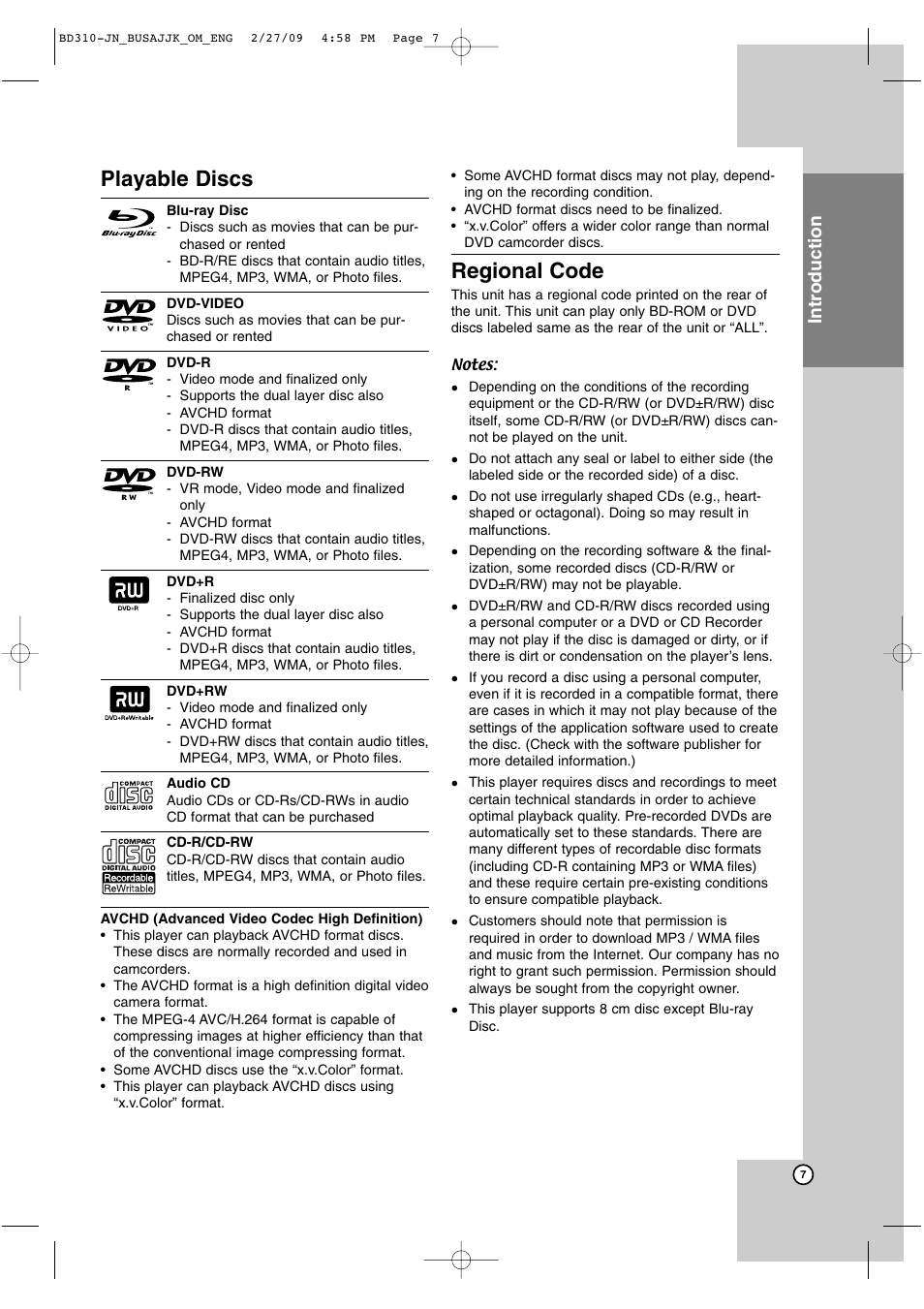 Playable discs, Regional code, Introduction | JVC XV-BP1  EN User Manual | Page 7 / 40