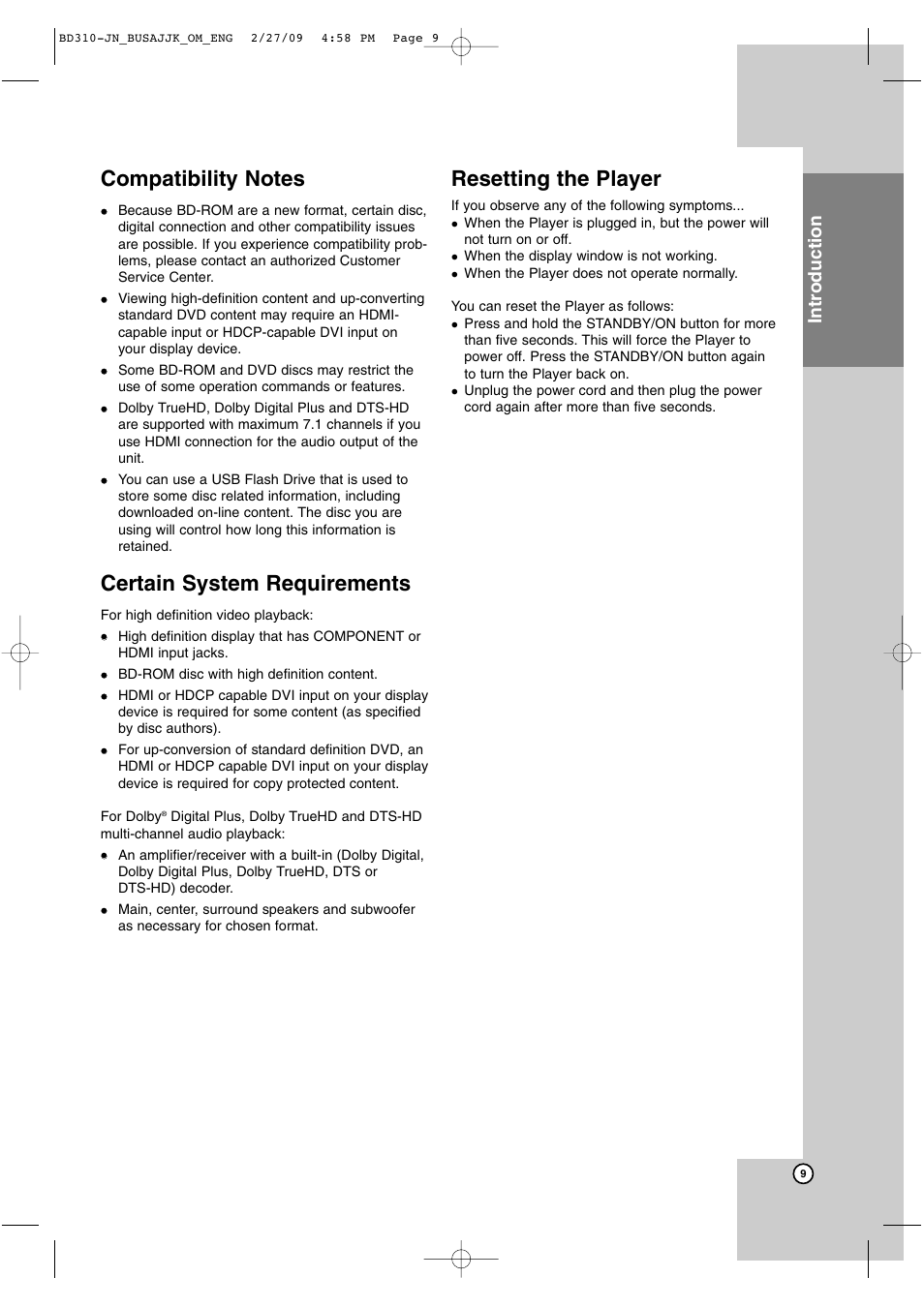 Certain system requirements, Resetting the player, Introduction | JVC XV-BP1  EN User Manual | Page 9 / 40