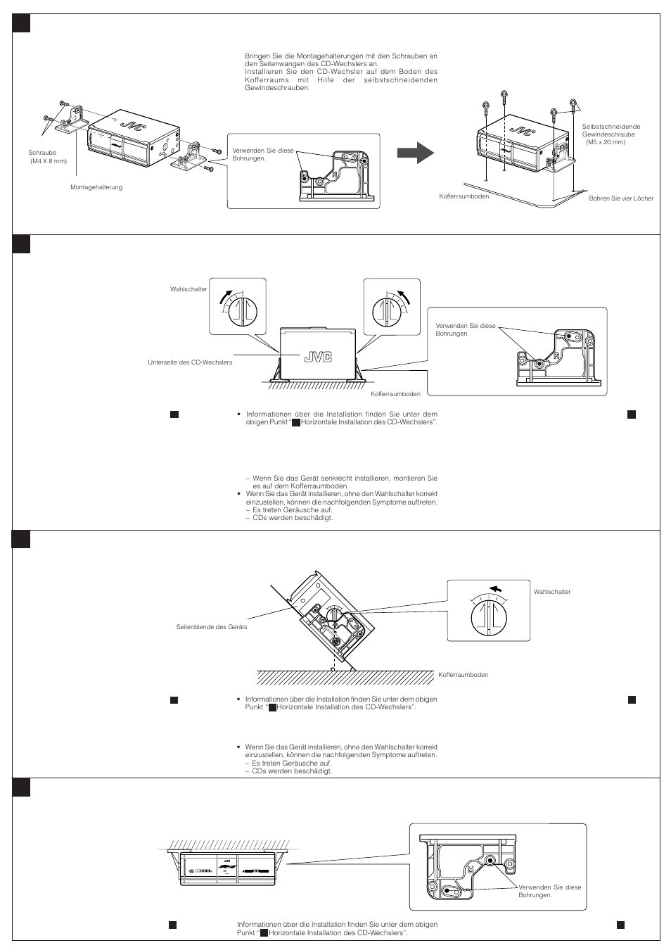 Disc compact disc changer ch-x200 disc, When hanging the unit in the trunk space, Lors de la suspension de l’appareil dans le coffre | When installing the unit horizontally, Horizontale installation des cd-wechslers, When installing the unit upright, Senkrechte installation des cd-wechslers, Lors de l’installation de l’appareil verticalement, When installing the unit on an inclined plane, Bei installation des geräts in einer schrägen lage | JVC CH-X200 User Manual | Page 2 / 6