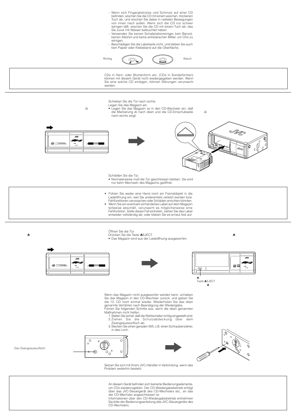 Disc compact disc changer, How to unload the magazine, Retrait d’un magasin | Entnehmen des magazins, Einlegen des magazins, How to load the magazine, Chargement d’un magasin | JVC CH-X200 User Manual | Page 6 / 6