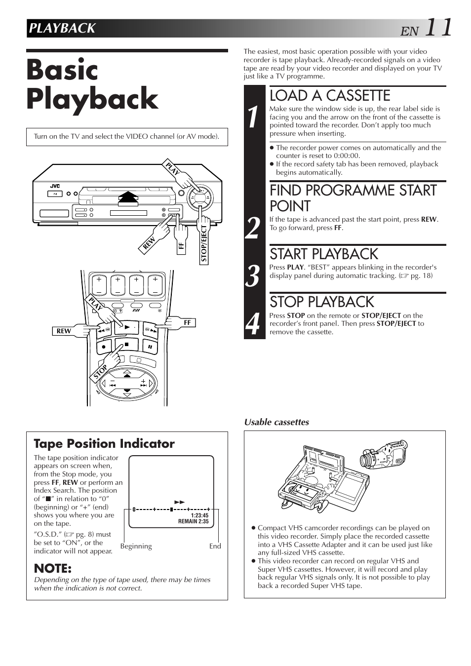 Basic playback, Load a cassette, Find programme start point | Start playback, Stop playback, Playback | JVC HR-J658E User Manual | Page 11 / 56