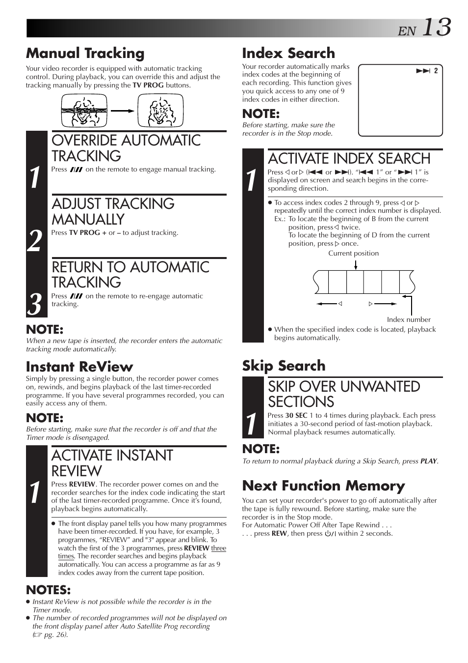 Override automatic tracking, Adjust tracking manually, Return to automatic tracking | Activate instant review, Activate index search, Manual tracking, Instant review, Index search | JVC HR-J658E User Manual | Page 13 / 56