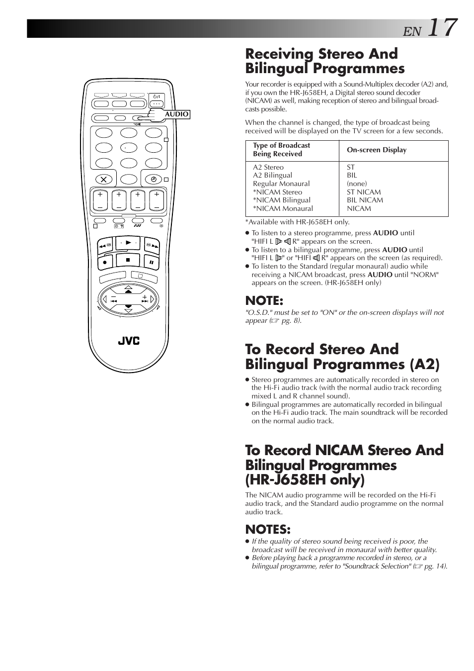 Receiving stereo and bilingual programmes | JVC HR-J658E User Manual | Page 17 / 56