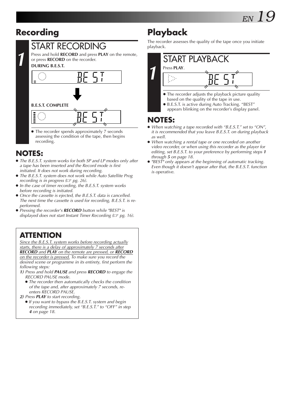 Start recording, Start playback, Recording | Playback, Attention | JVC HR-J658E User Manual | Page 19 / 56