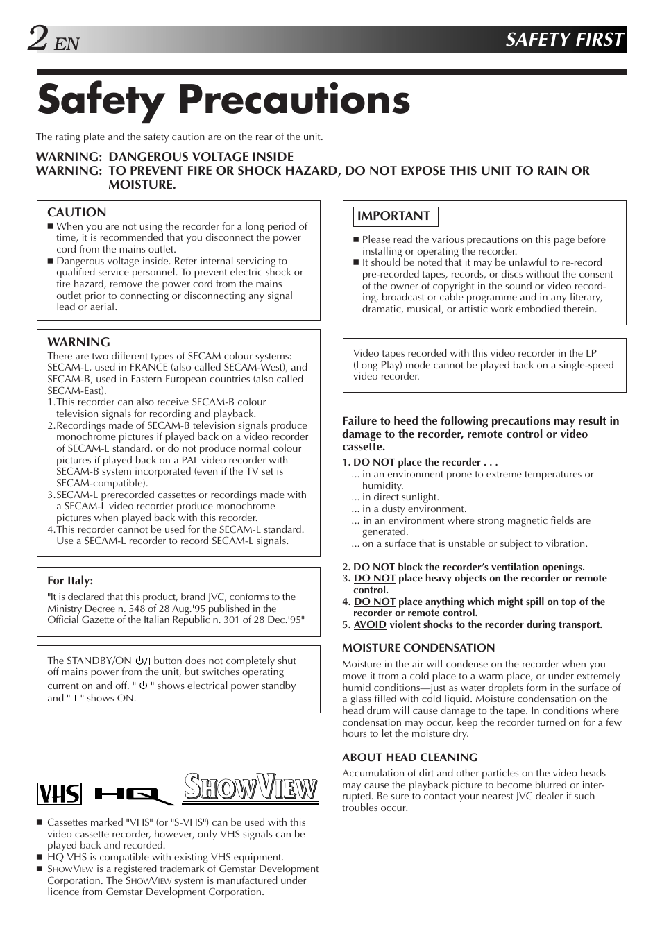 Safety precautions, Safety first | JVC HR-J658E User Manual | Page 2 / 56