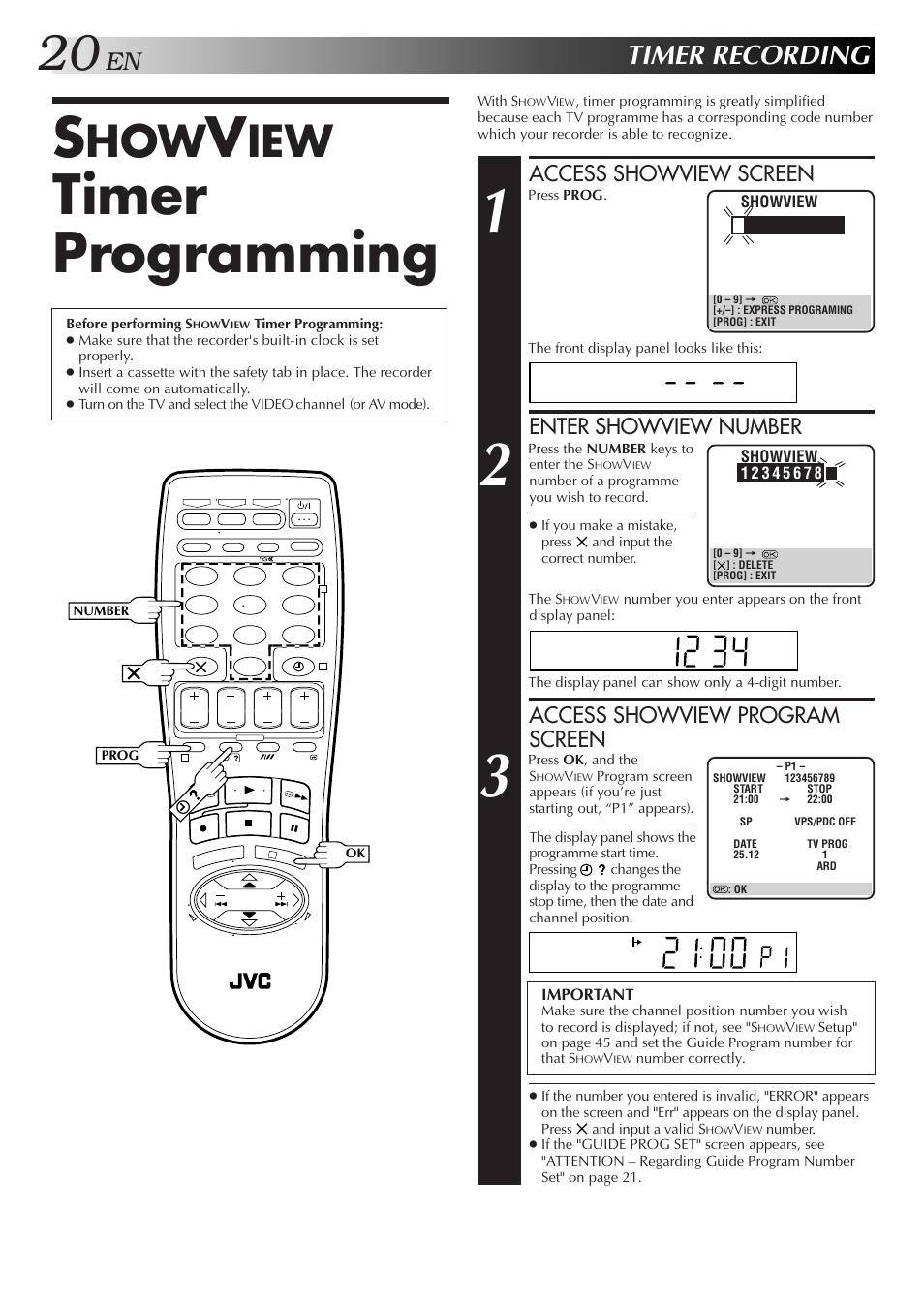 Timer programming, Timer recording, Access showview screen | Enter showview number, Access showview program screen | JVC HR-J658E User Manual | Page 20 / 56