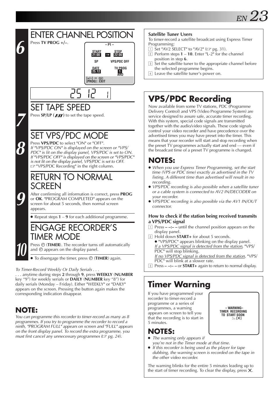 Enter channel position, Set tape speed, Set vps/pdc mode | Return to normal screen, Engage recorder’s timer mode, Vps/pdc recording, Timer warning | JVC HR-J658E User Manual | Page 23 / 56