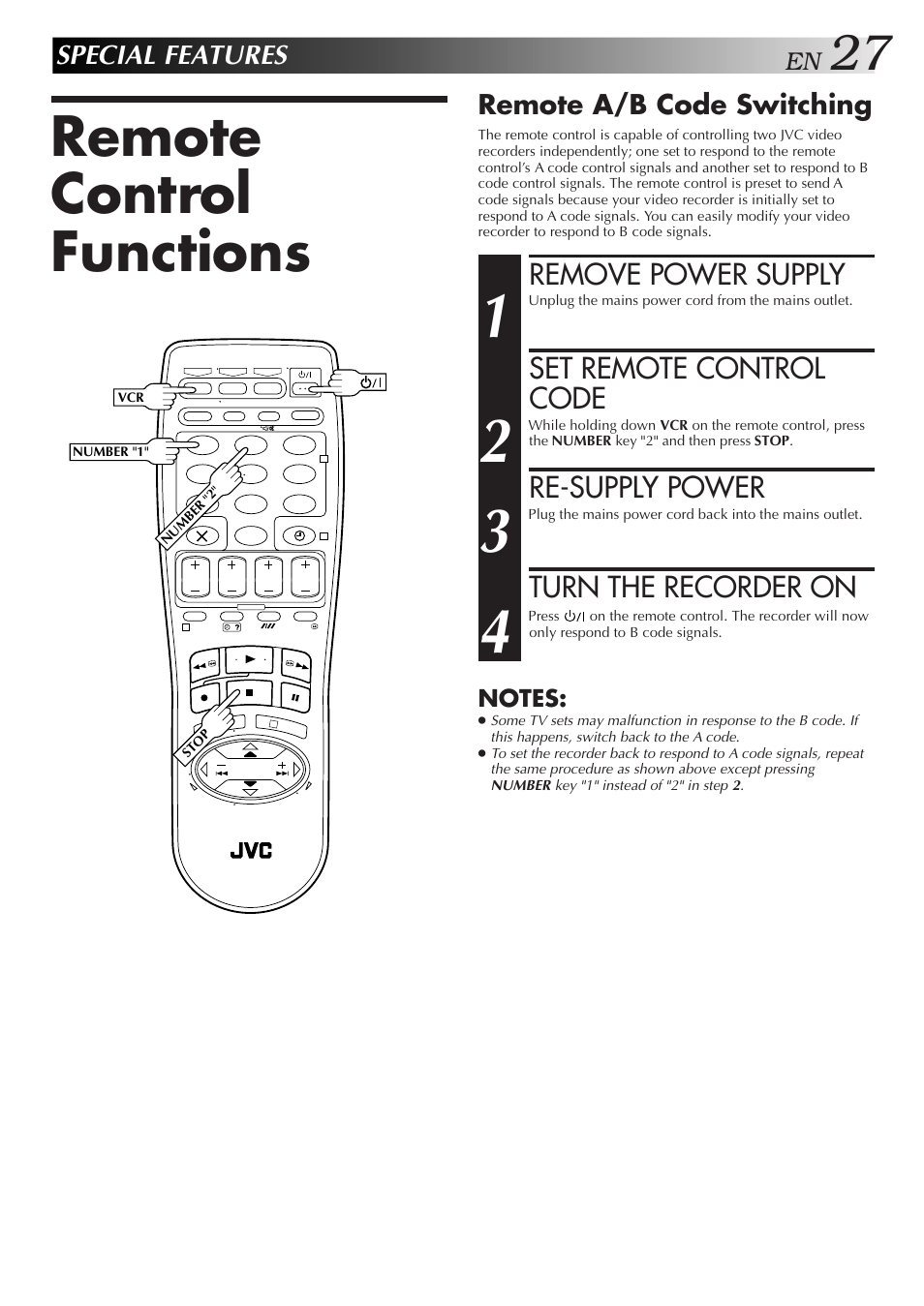 Remote control functions, Remove power supply, Set remote control code | Re-supply power, Turn the recorder on, Special features | JVC HR-J658E User Manual | Page 27 / 56