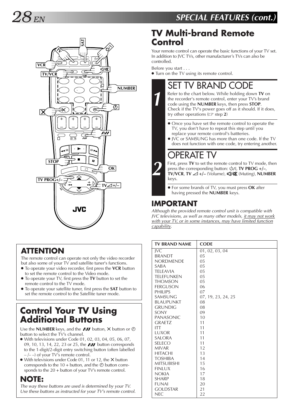 Set tv brand code, Operate tv, Special features (cont.) | Control your tv using additional buttons, Tv multi-brand remote control, Important, Attention | JVC HR-J658E User Manual | Page 28 / 56