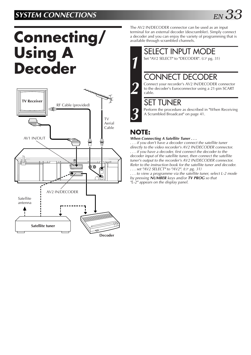 Connecting/ using a decoder | JVC HR-J658E User Manual | Page 33 / 56