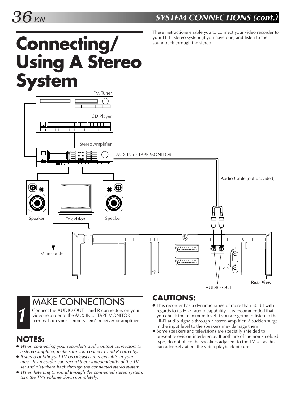 Connecting/ using a stereo system, Make connections, System connections (cont.) | Cautions | JVC HR-J658E User Manual | Page 36 / 56