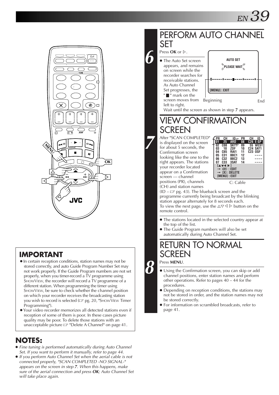 Perform auto channel set, View confirmation screen, Return to normal screen | Important | JVC HR-J658E User Manual | Page 39 / 56