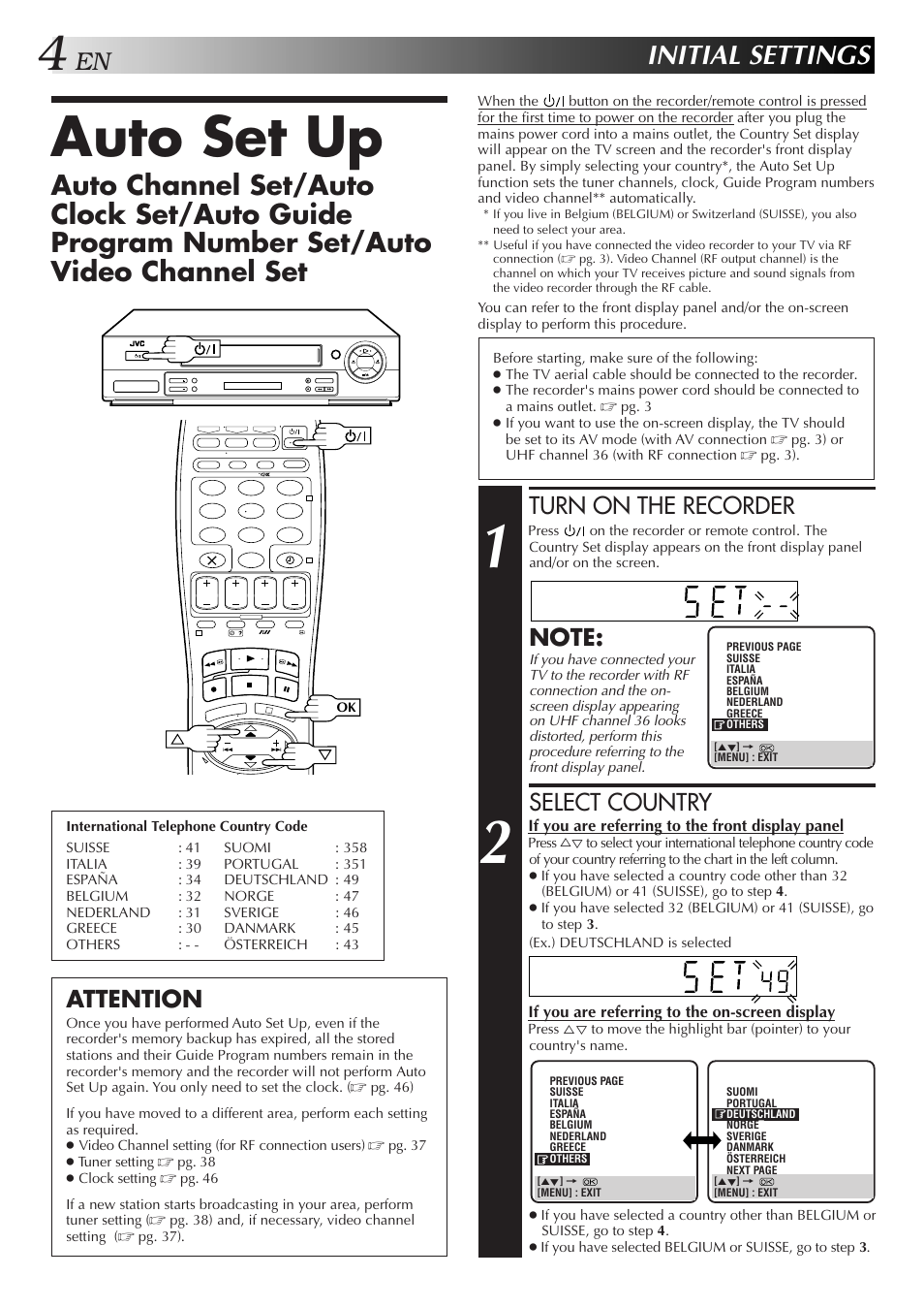 Auto set up, Initial settings, Turn on the recorder | Select country, Attention | JVC HR-J658E User Manual | Page 4 / 56