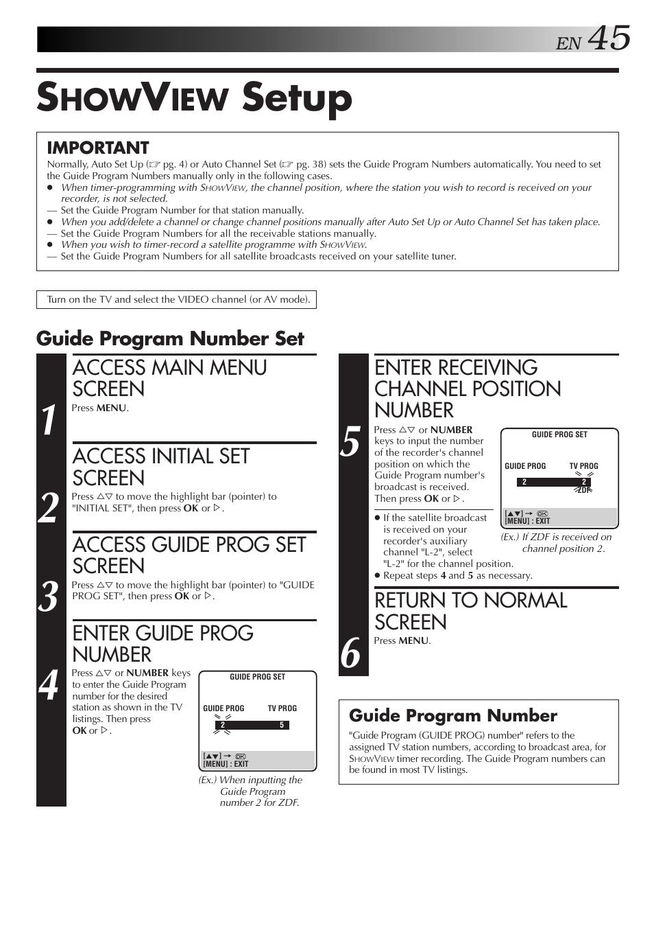 Setup, Access main menu screen, Access initial set screen | Access guide prog set screen, Enter guide prog number, Enter receiving channel position number, Return to normal screen, Guide program number set | JVC HR-J658E User Manual | Page 45 / 56