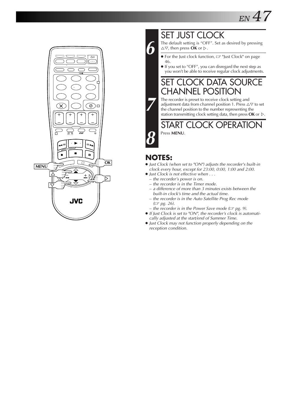 Set just clock, Set clock data source channel position, Start clock operation | JVC HR-J658E User Manual | Page 47 / 56