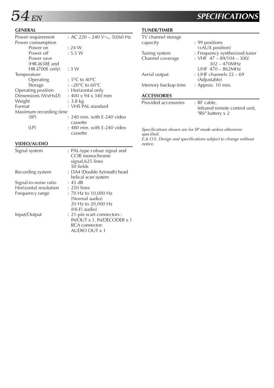 Specifications | JVC HR-J658E User Manual | Page 54 / 56