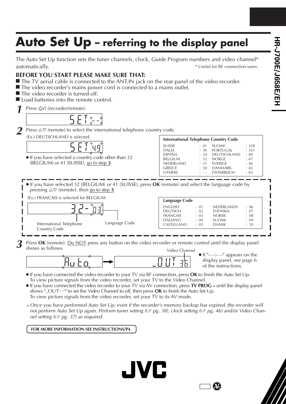 Auto set up, Referring to the display panel, Before you start please make sure that | JVC HR-J658E User Manual | Page 56 / 56