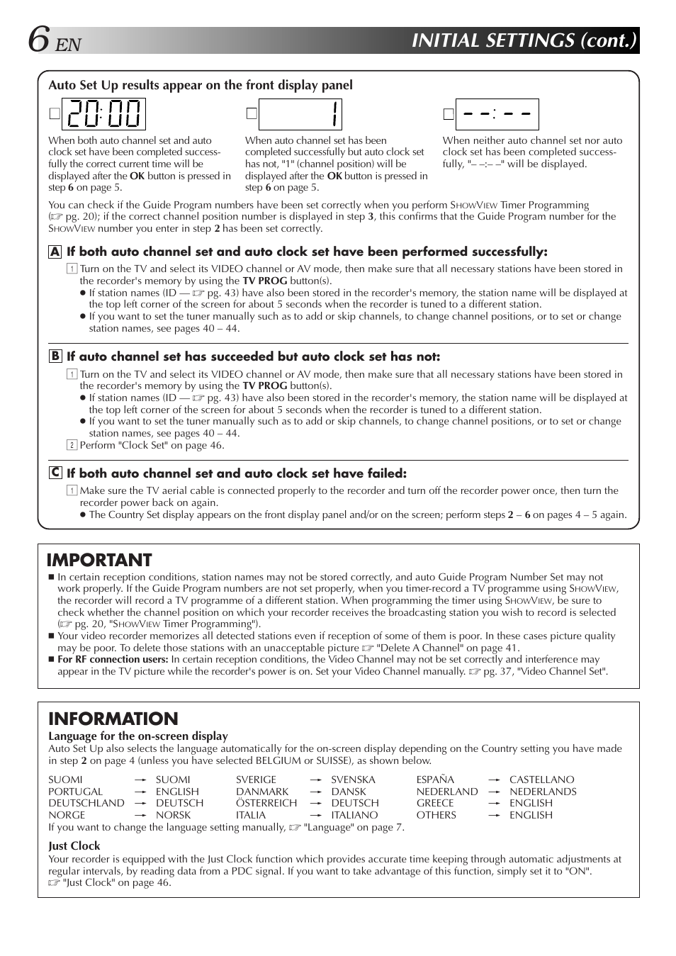 Initial settings (cont.), Important, Information | JVC HR-J658E User Manual | Page 6 / 56