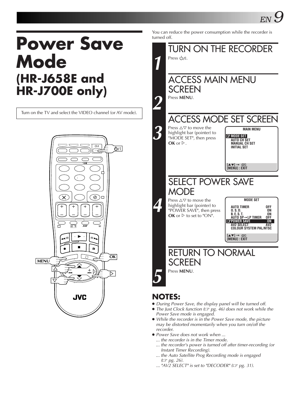 Power save mode, Turn on the recorder, Access main menu screen | Access mode set screen, Select power save mode, Return to normal screen | JVC HR-J658E User Manual | Page 9 / 56