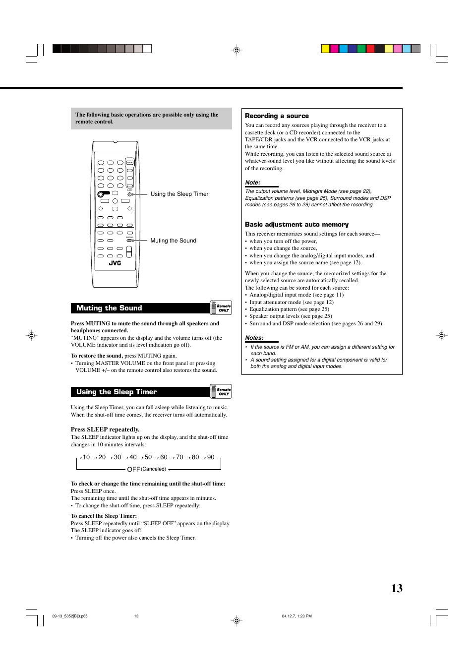 Muting the sound, Using the sleep timer | JVC RX-5052S User Manual | Page 17 / 39