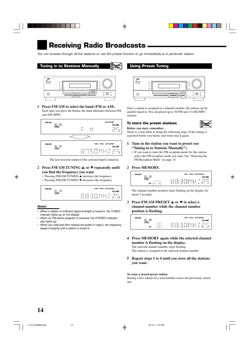 Receiving radio broadcasts, Using preset tuning | JVC RX-5052S User Manual | Page 18 / 39