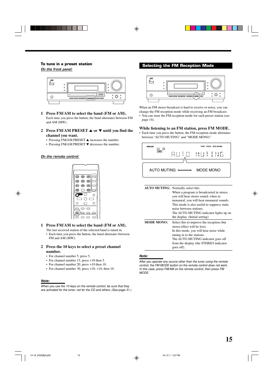 1 press fm/am to select the band (fm or am), Selecting the fm reception mode, While listening to an fm station, press fm mode | Auto muting mode mono | JVC RX-5052S User Manual | Page 19 / 39