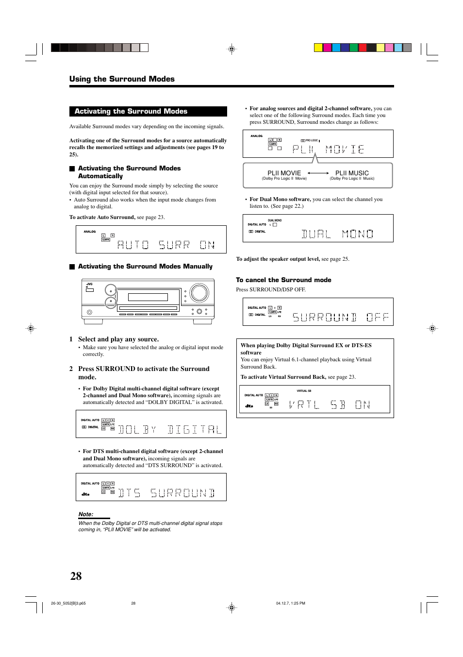 Using the surround modes | JVC RX-5052S User Manual | Page 32 / 39
