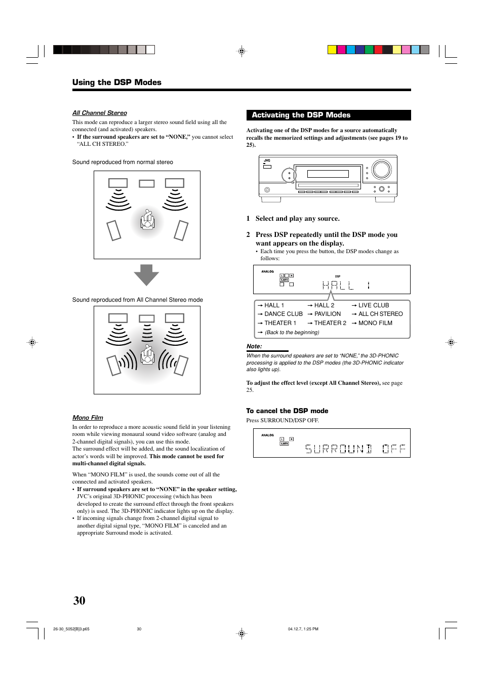 Using the dsp modes | JVC RX-5052S User Manual | Page 34 / 39