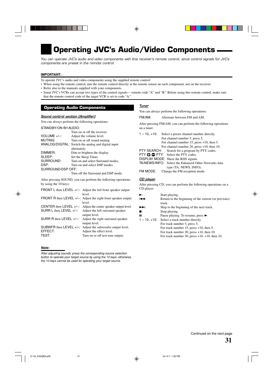 Operating jvc’s audio/video components | JVC RX-5052S User Manual | Page 35 / 39