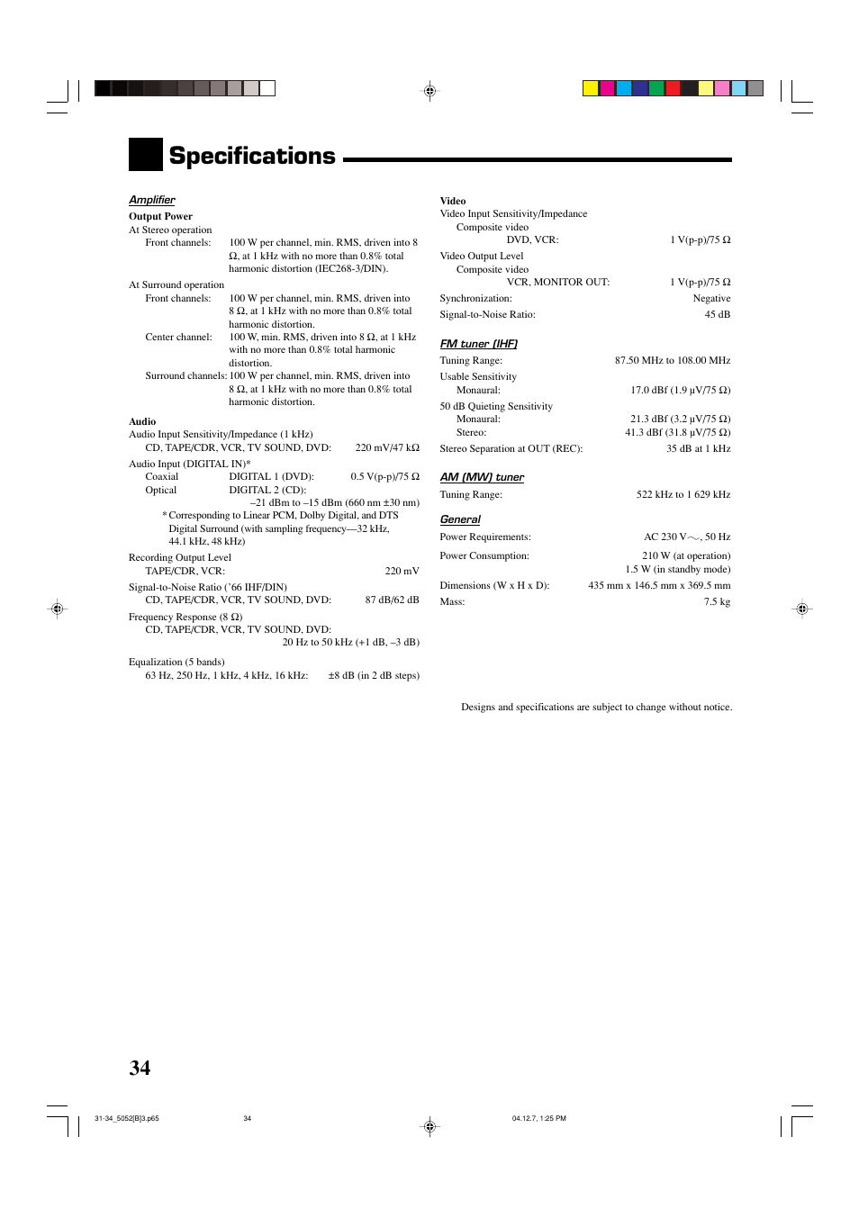 Specifications | JVC RX-5052S User Manual | Page 38 / 39