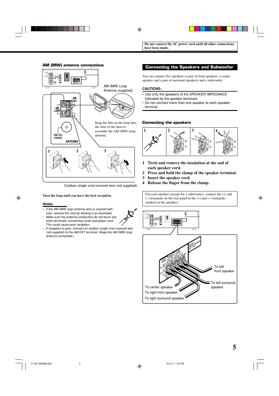 12 3 connecting the speakers and subwoofer, Am (mw) antenna connections, Connecting the speakers | JVC RX-5052S User Manual | Page 9 / 39