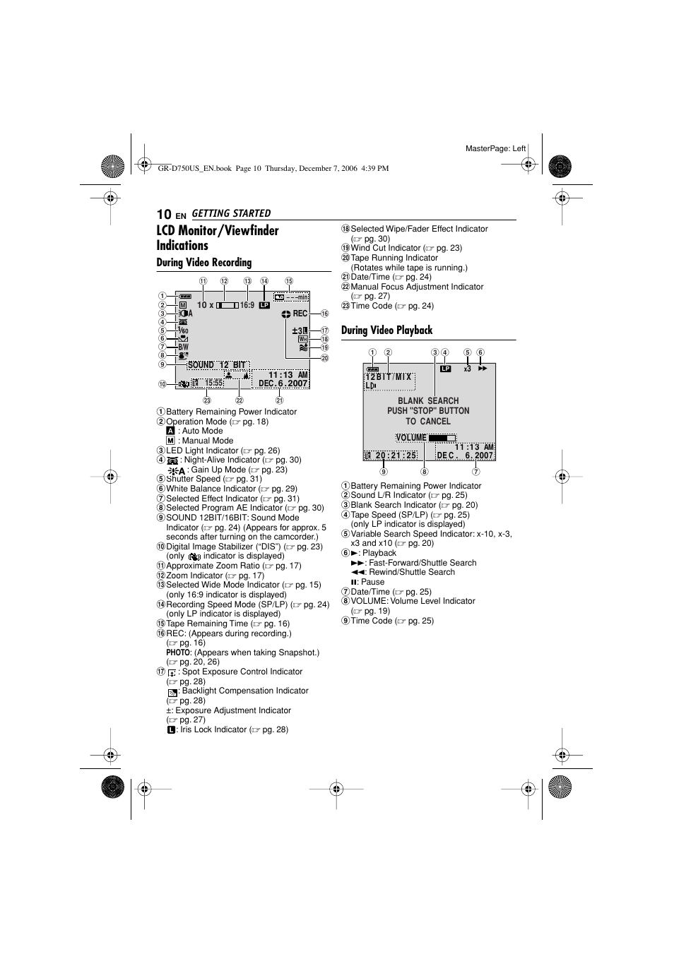 Lcd monitor/viewfinder indications, During video recording, During video playback | JVC GR-D750US User Manual | Page 10 / 40